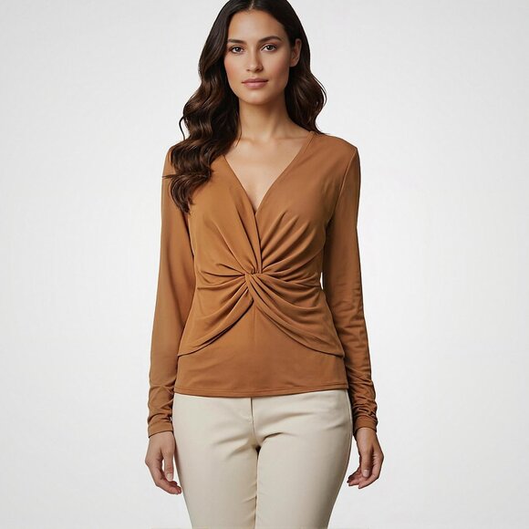 Calvin Klein Crepe V-Neck Long Sleeve Twist Front Blouse XL Luggage Camel NWT - Picture 1 of 16